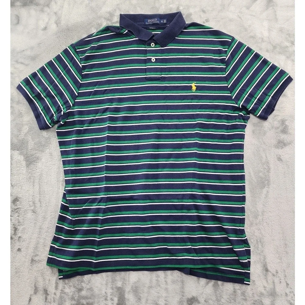 Vintage 90s Ralph Lauren Shirt Mens XL Blue Green Striped Custom Fit Polo Preppy